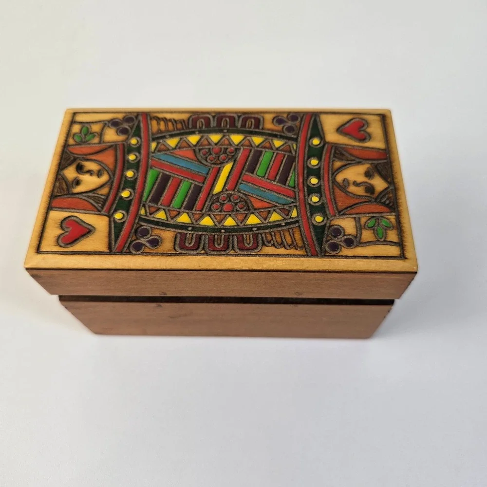 Polish Hand Painted Wood Playing Card Box Queen‎ of Hearts Folk Art Vintage